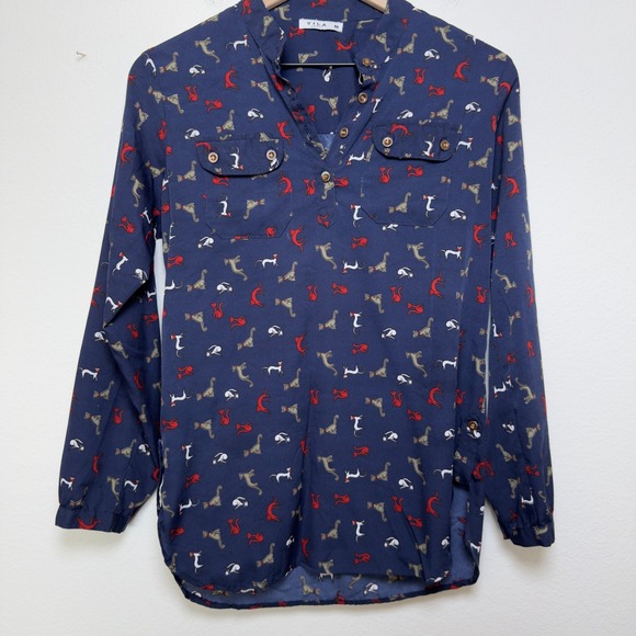 VILA Tops - Vila Women‎ Cat Print Top Medium Navy Blue Henley Popover Roll-Tab Tunic Novelty